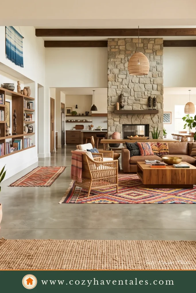 Open-plan Afrohemian living room with dining area, cane chairs, mudcloth pillows, raffia panels, and warm oak flooring.
