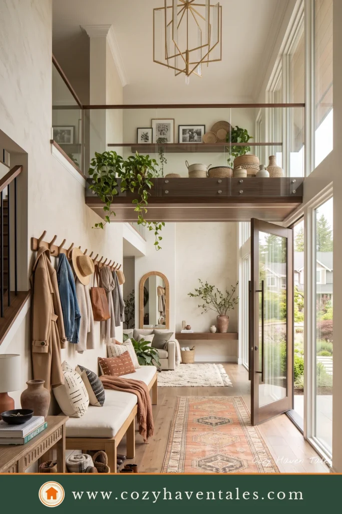 Grand Afrohemian entryway and living room with a double-height ceiling, woven runner, coat rack, layered plants, and warm earthy decor.