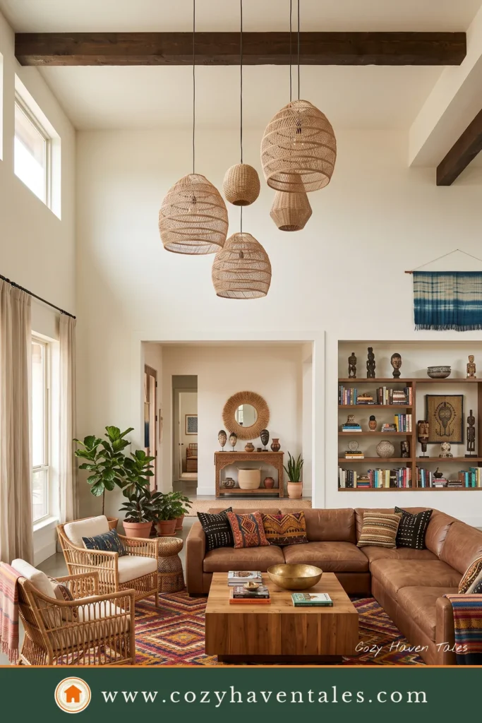 A warm Afro boho living room layered with natural materials.