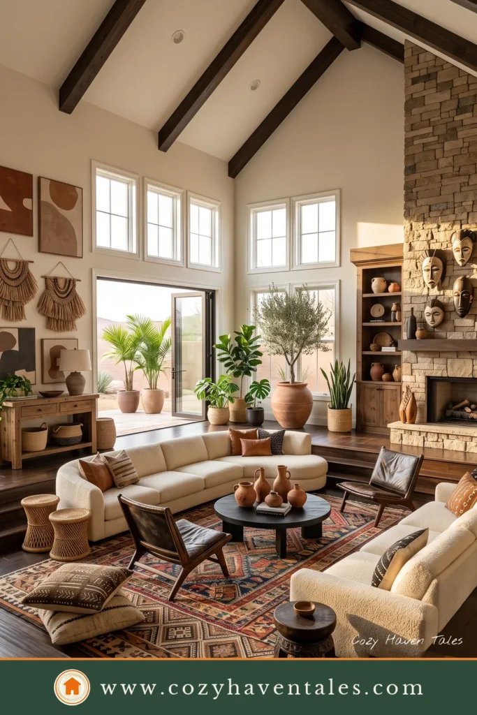 Warm Afrohemian Living Room with Wood Beams and Fireplace