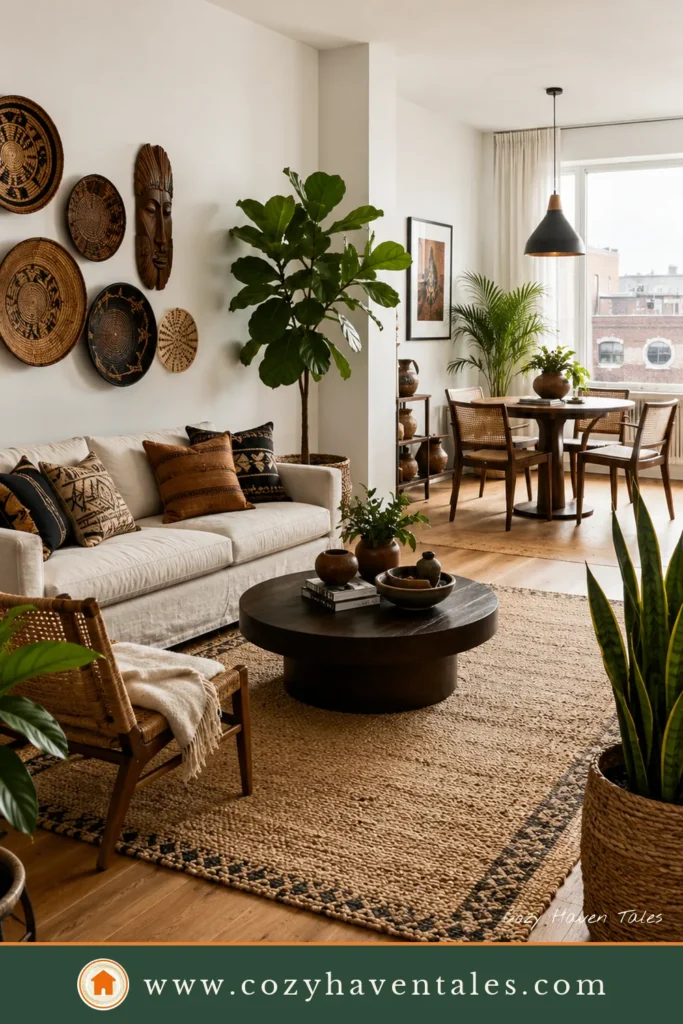 Living Room wall decorated with Woven Basket