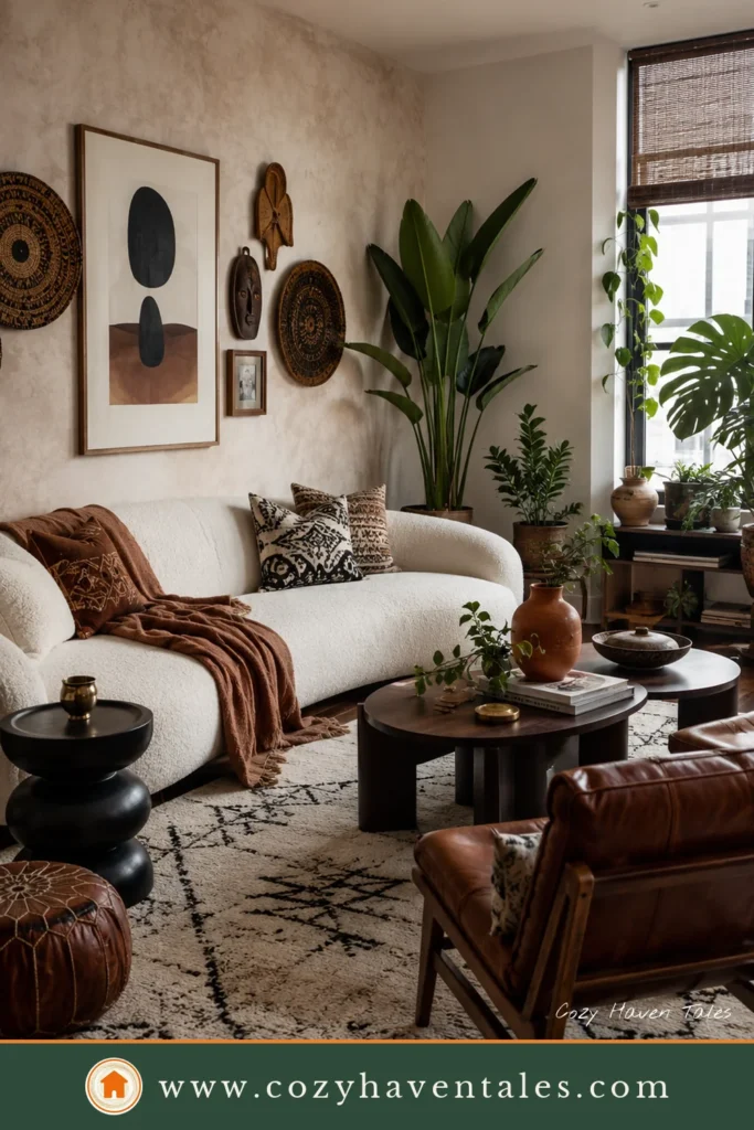 Modern Afrohemian Apartment Living Room with Curved Sofa