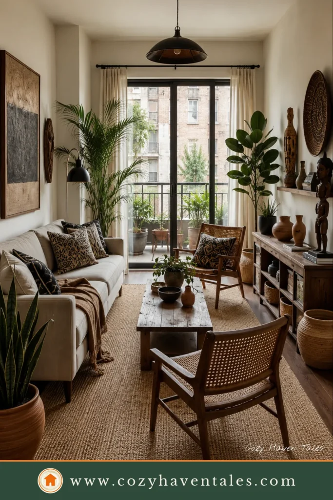 Afrohemian Decor Living Room with Cane Furniture