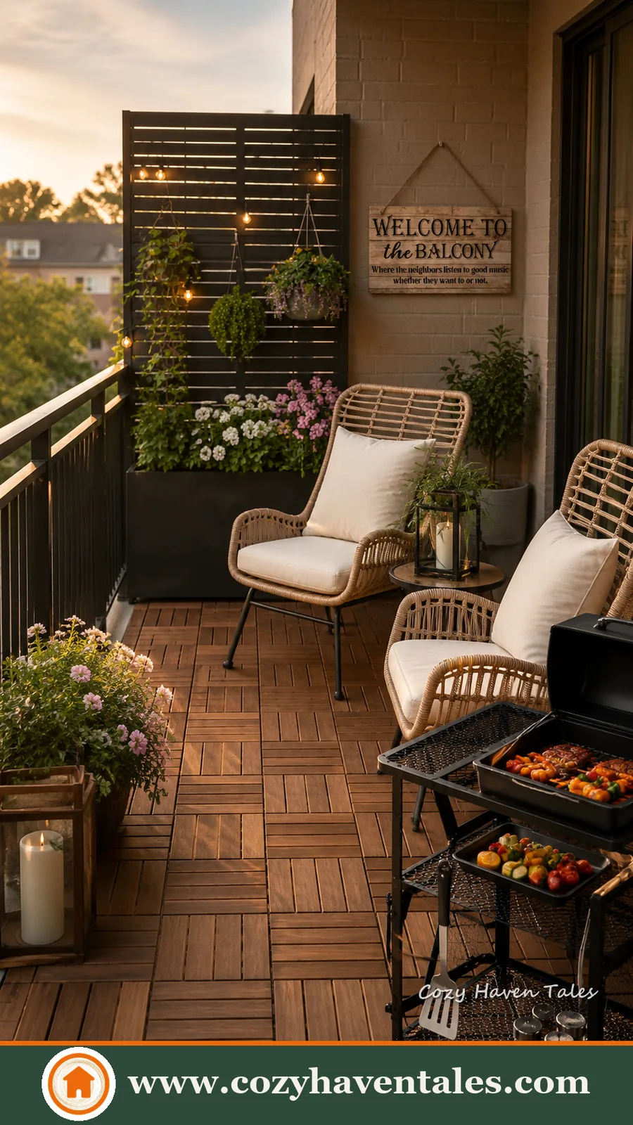 Small balcony with privacy screen, outdoor chairs, plants, and warm evening lighting