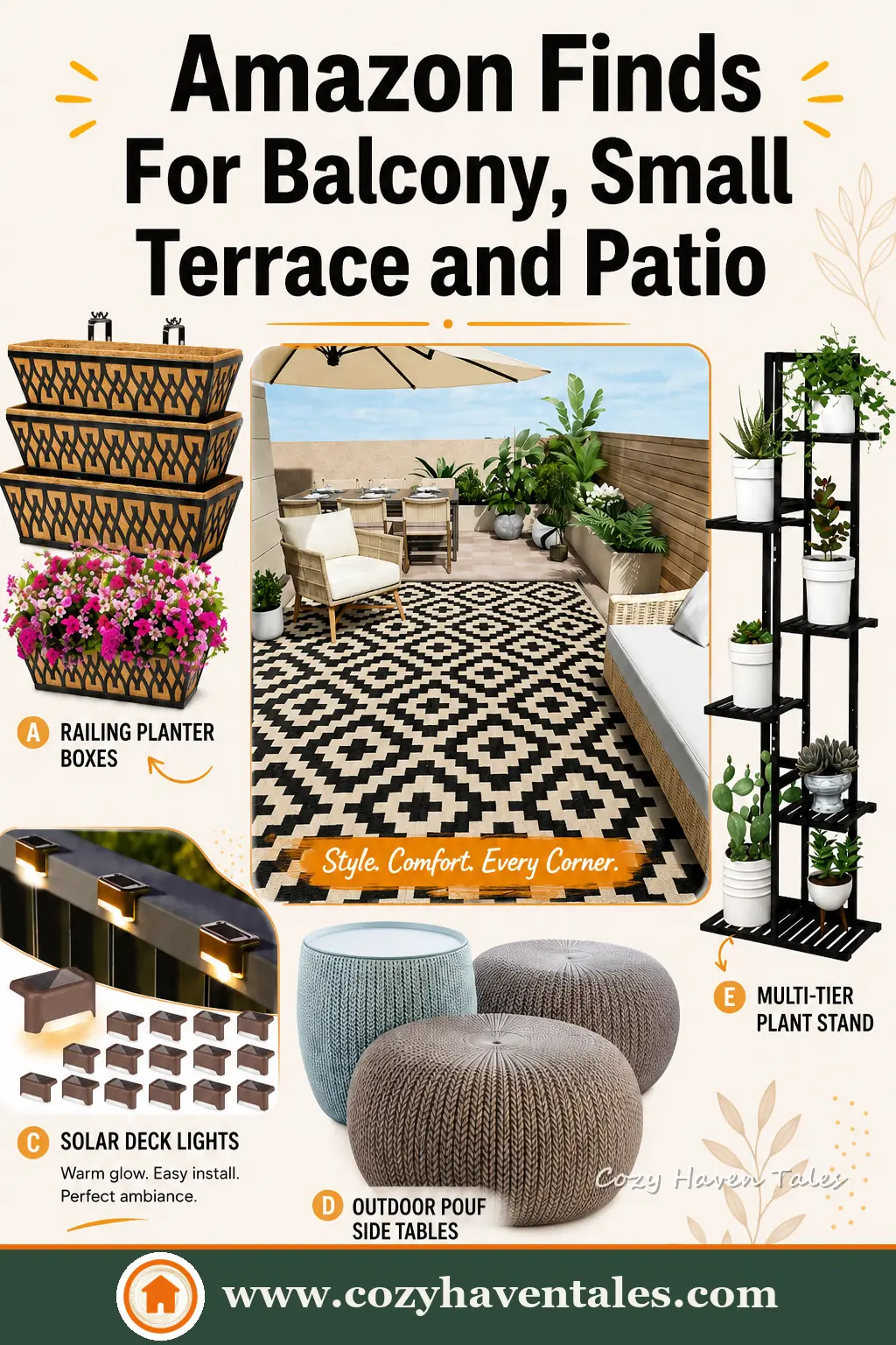 Affordable Amazon balcony decor finds including seating, lights, rugs, planters, and privacy screens