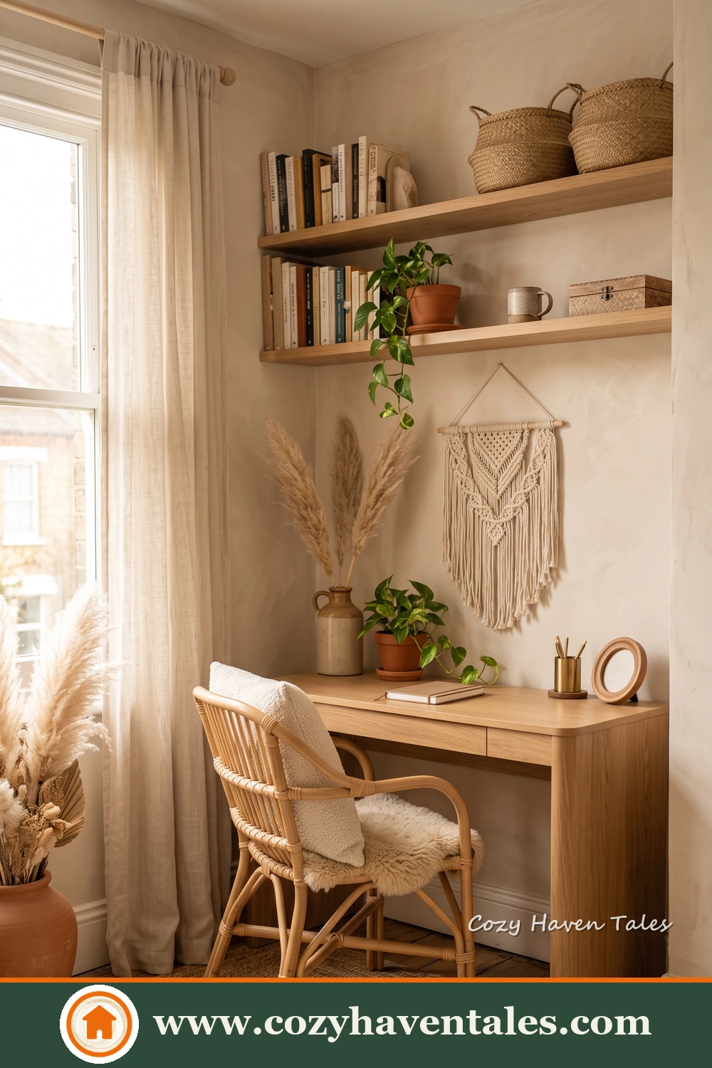 Statement lighting defines a calm, clean-lined boho home office