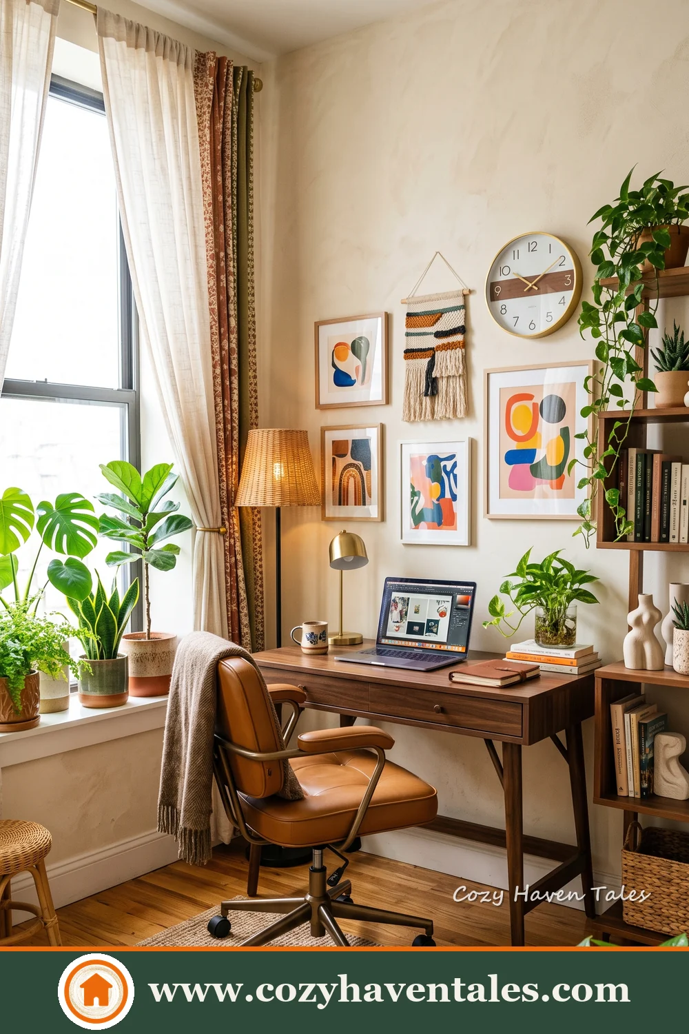 Sculptural lighting and crisp lines soften a refined boho home office