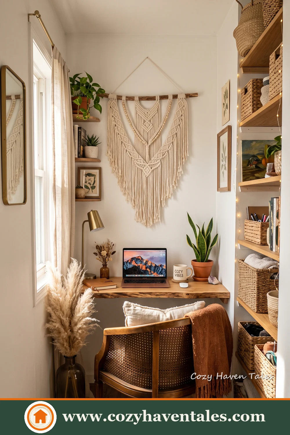 Serene colors and complementary finishes define this boho workspace