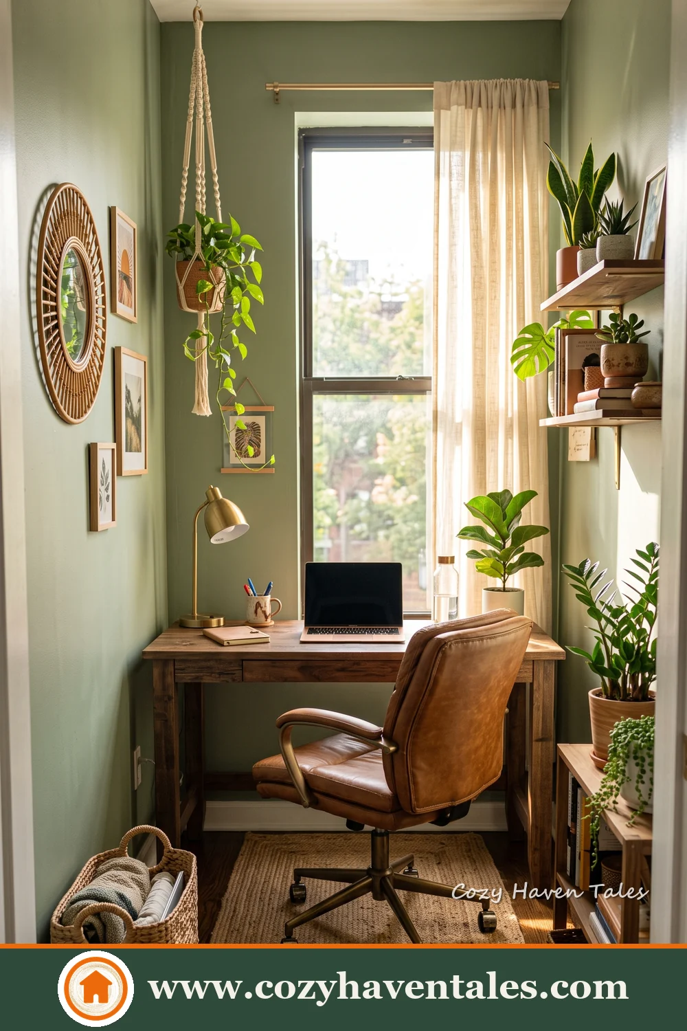 Cozy styling and smart storage in a chic bohemian office
