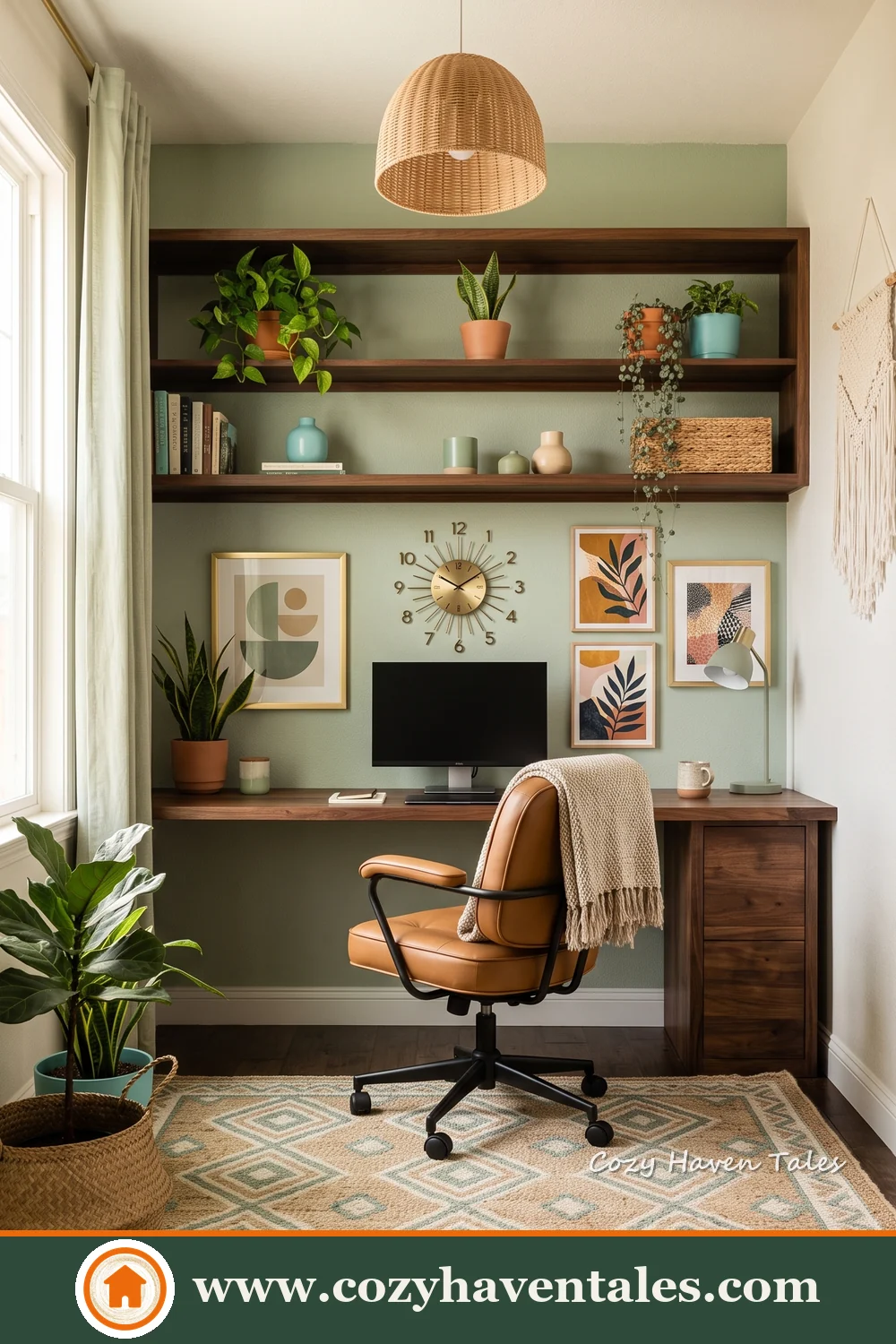 Sunlit home workspace pairing boho furniture with fresh decor