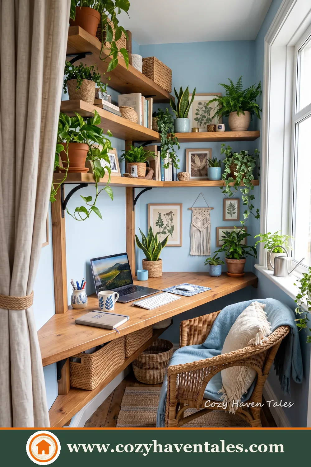 Focal wall and restrained accents in a sleek bohemian workspace