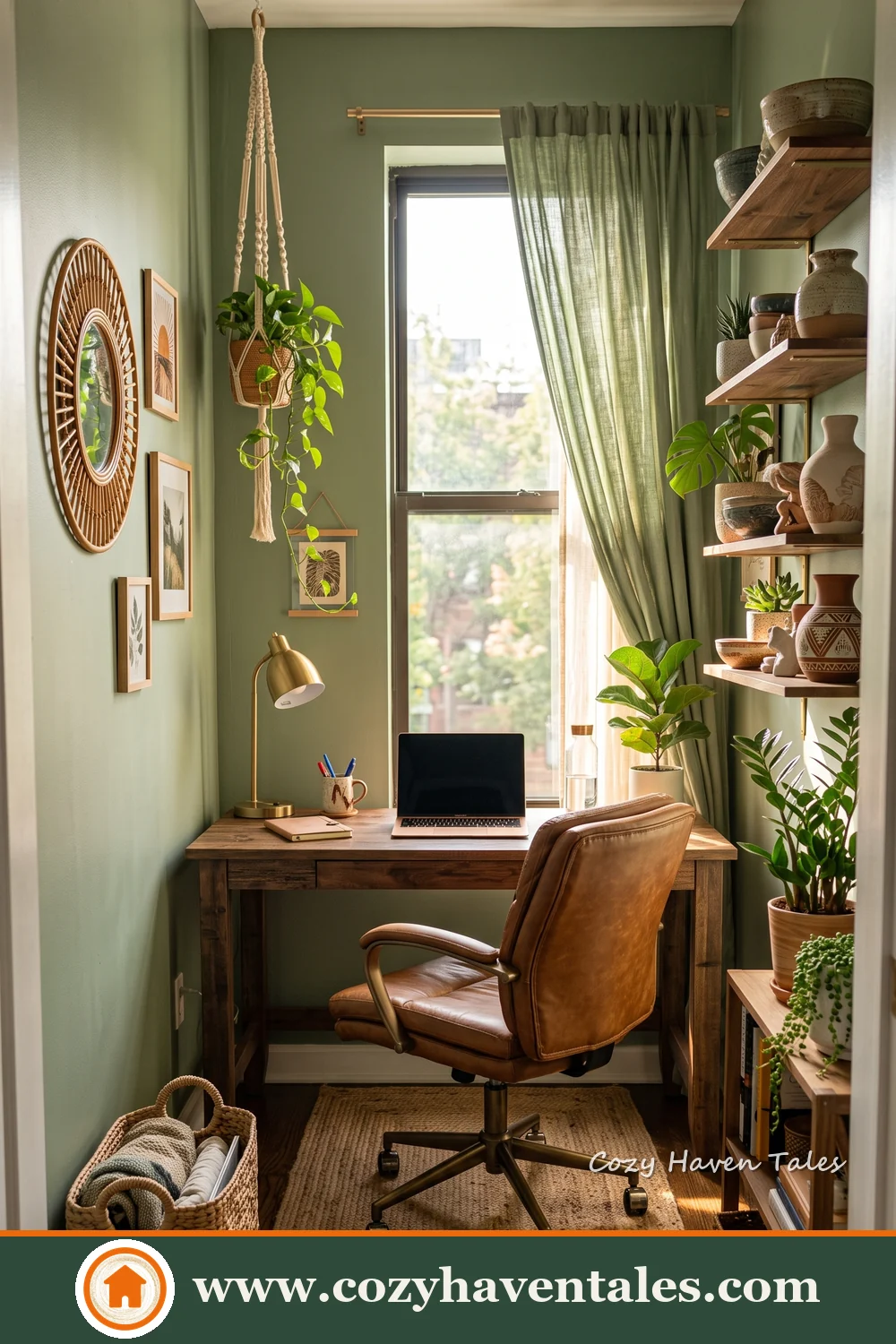 Soft boho workspace planned for comfortable seating and clear circulation
