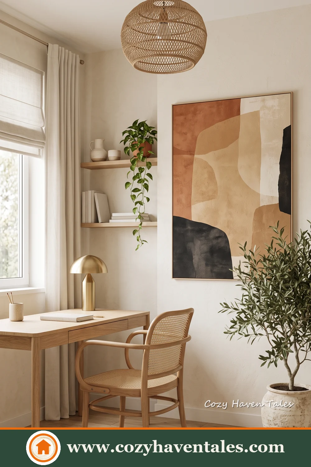 Expressive bohemian styling brings a calm mood to this curated home office