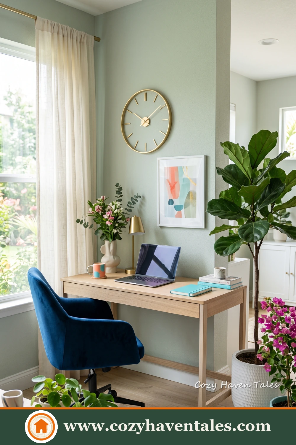 Bright home office with a light wood desk, blue velvet chair, wall clock and indoor plants beside a window