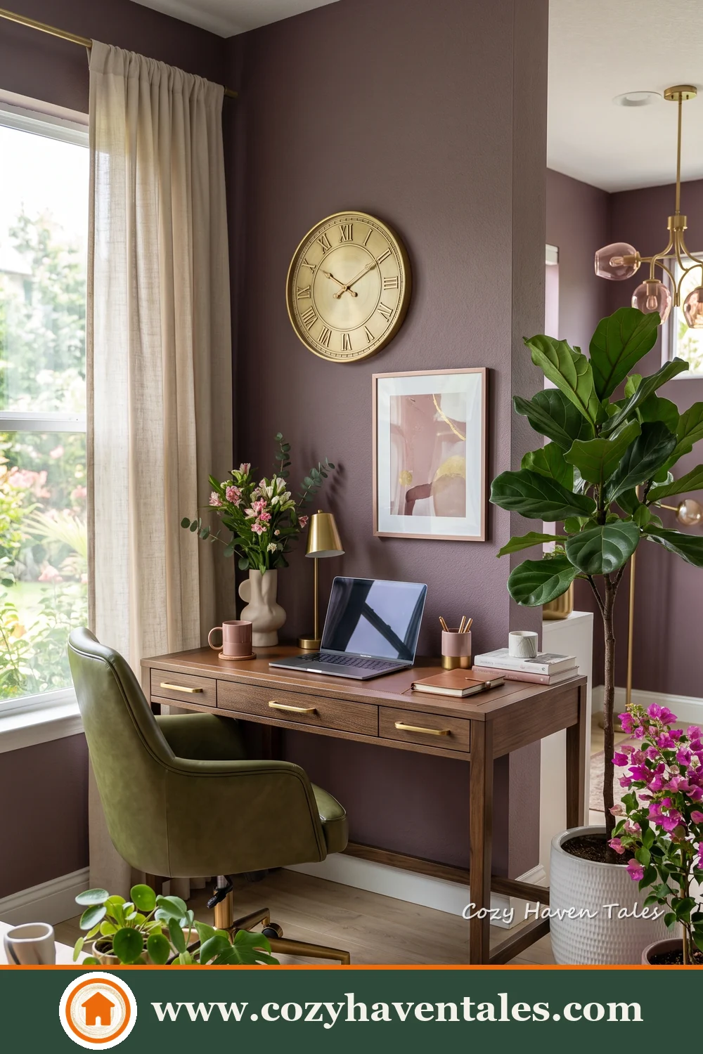 Compact desk against a muted mauve wall with an olive chair, round clock and leafy plants
