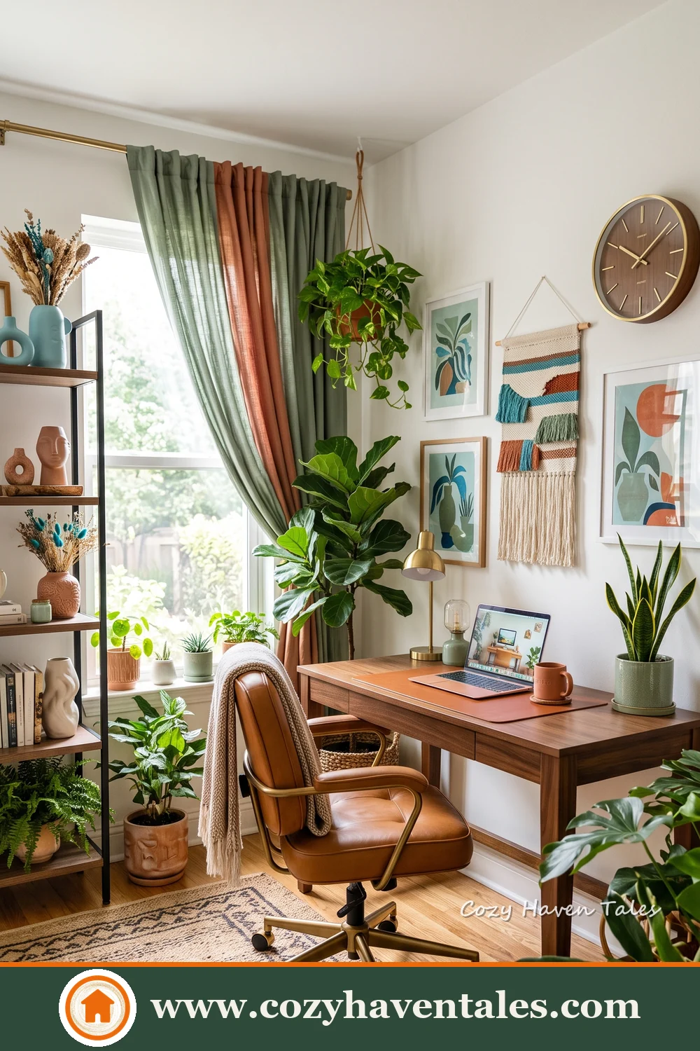 Colourful boho home office with a wooden desk, tan leather chair, macramé wall hanging, layered curtains and indoor plants