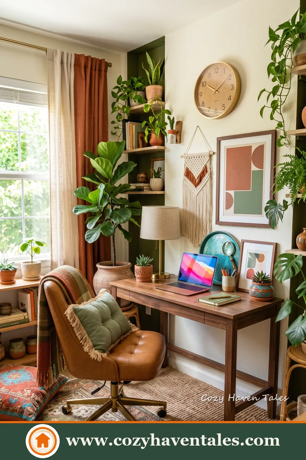 Colourful home workspace with a leather chair, wooden desk, framed artwork and plants near a sunny window