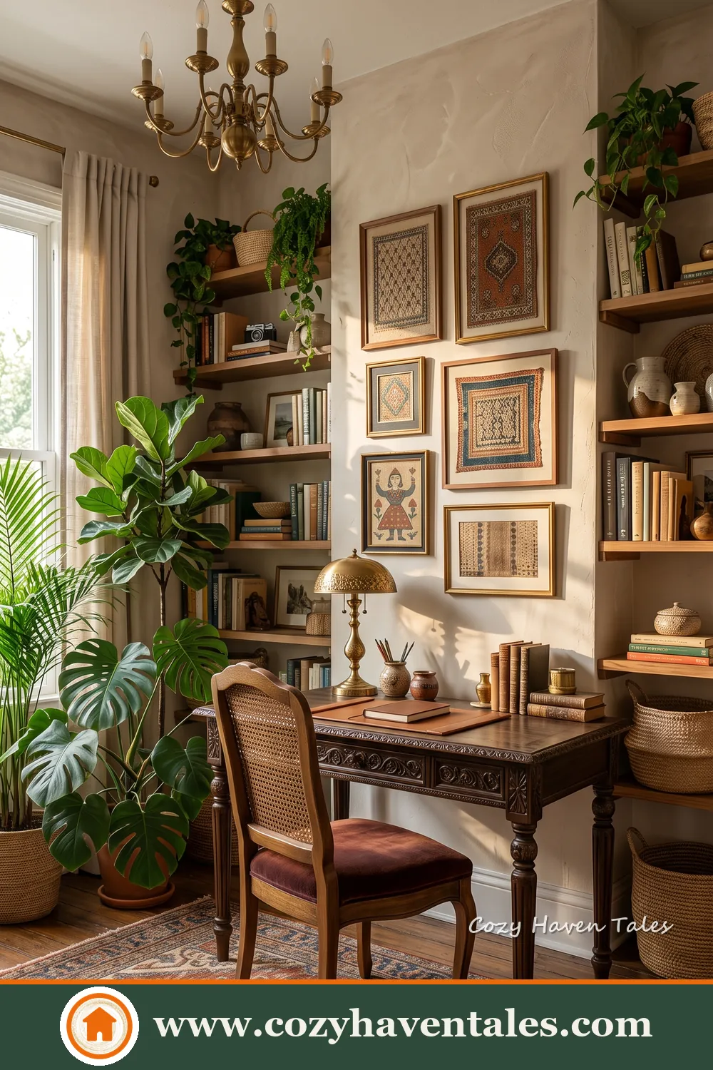 Traditional wooden desk and chair beneath a framed art display with bookshelves, plants and an ornate chandelier