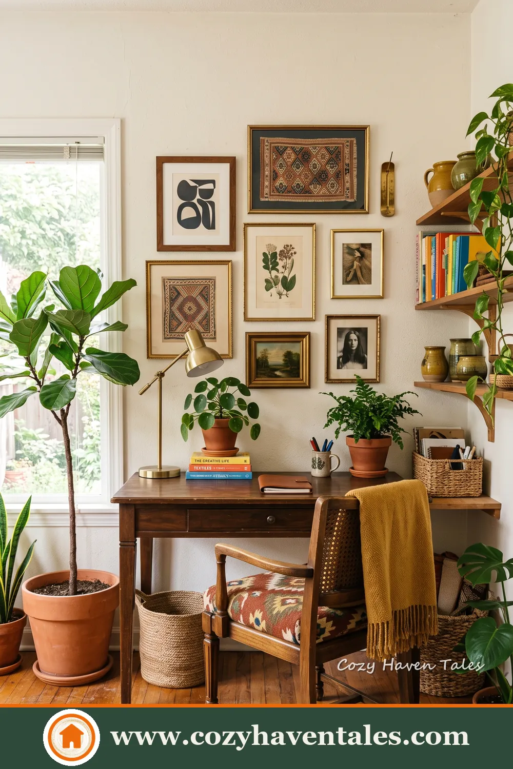 Sunlit boho office combining cozy decor with smart storage