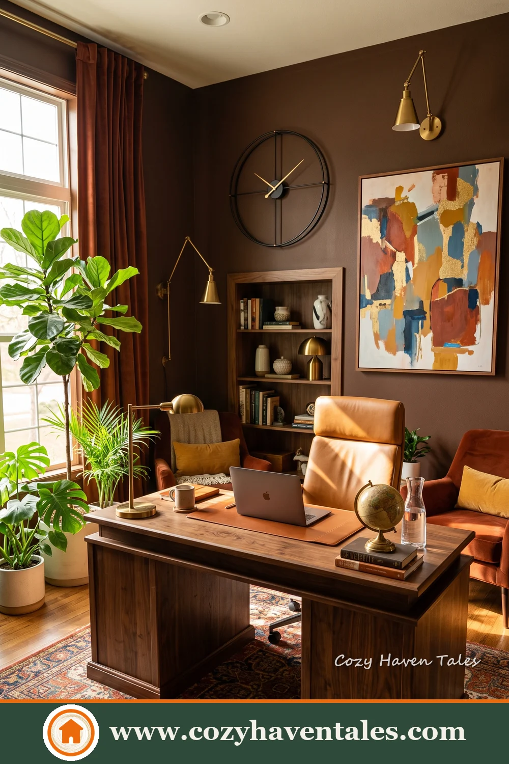 Moody office with dark brown walls, wooden executive desk, tan leather chair, modern artwork and greenery