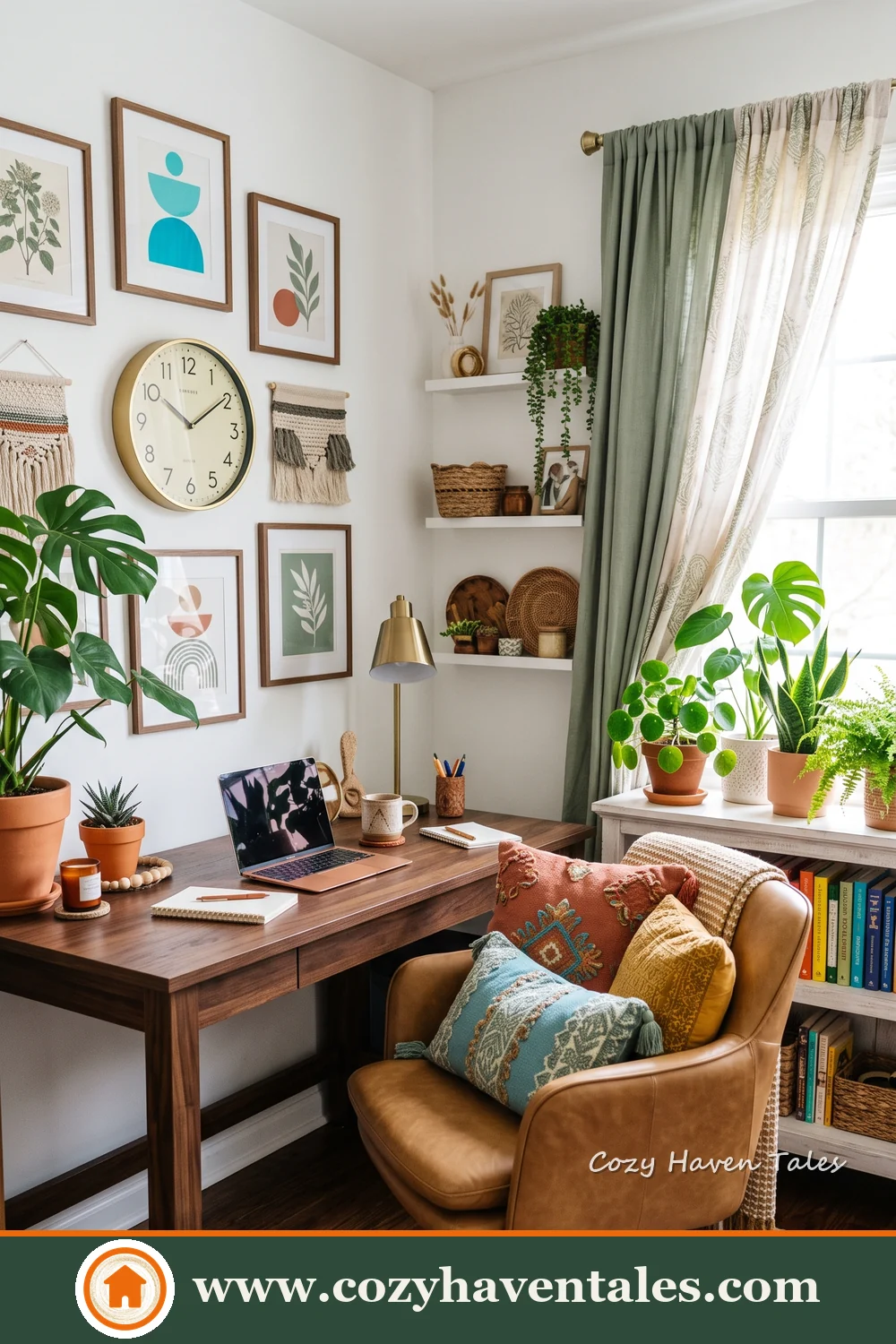 Cosy work corner with a wooden desk, blue cushioned chair, framed prints, wall clock and potted plants