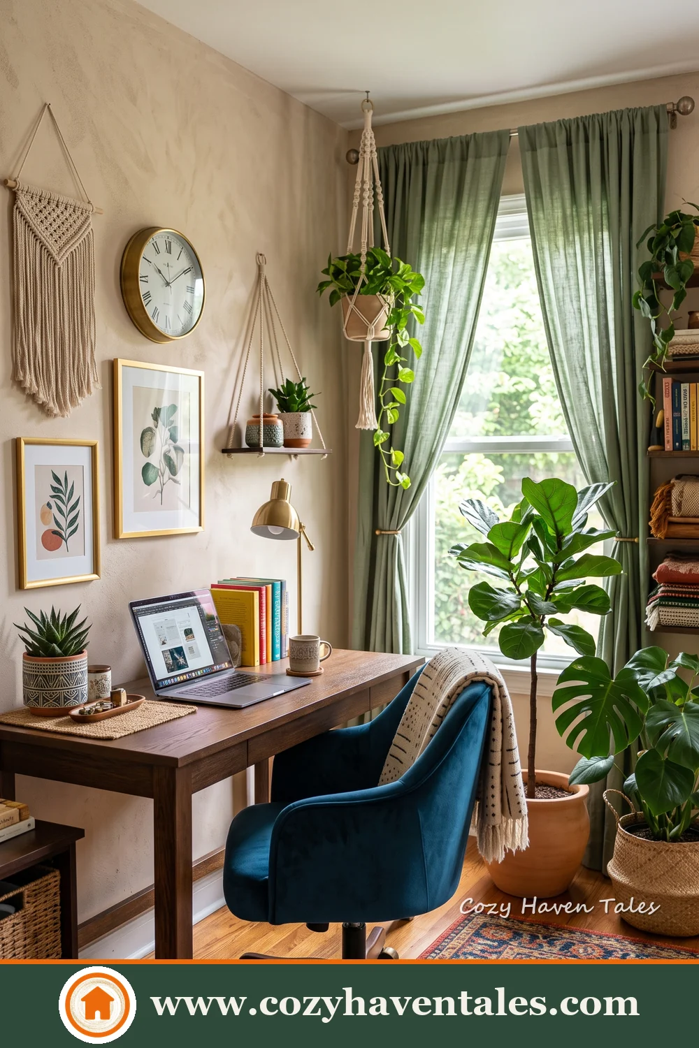 Relaxed workspace with a dark teal chair, wooden desk, hanging plant and gallery wall beside a window