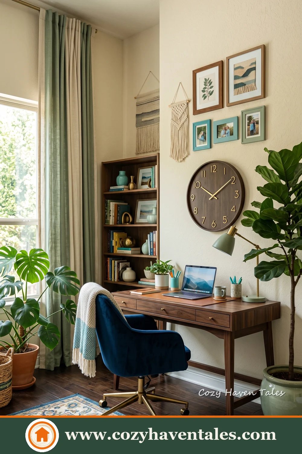 Airy home office with a navy chair, simple wooden desk, oversized round clock and tall houseplants