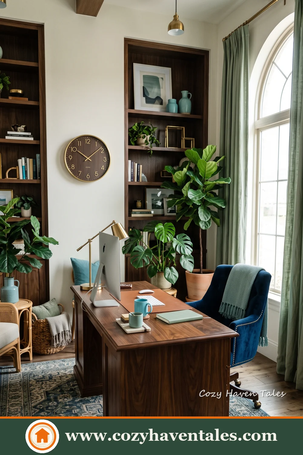 Classic study with a dark wood desk, black chair, built-in bookshelves, arched window and indoor plants