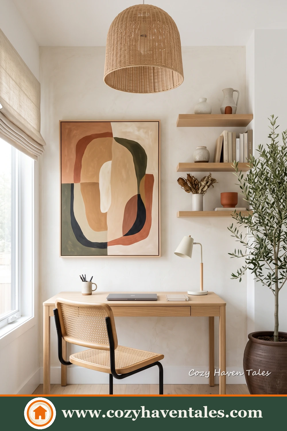 Minimal workspace with a slim wood desk, abstract wall art, floating shelves and a woven pendant light