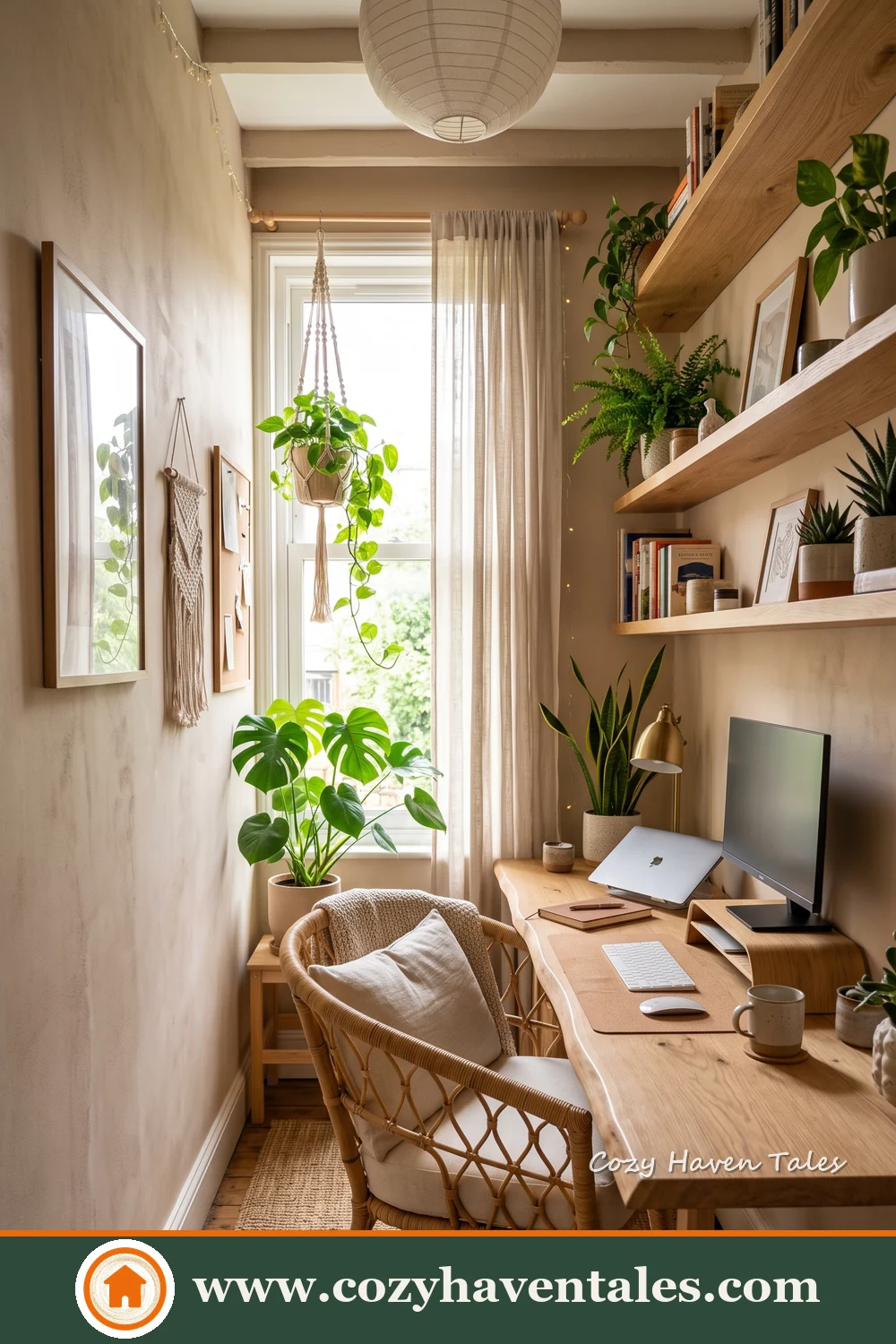 Narrow home office with a computer desk, rattan seating, long floating shelves and trailing plants by a window