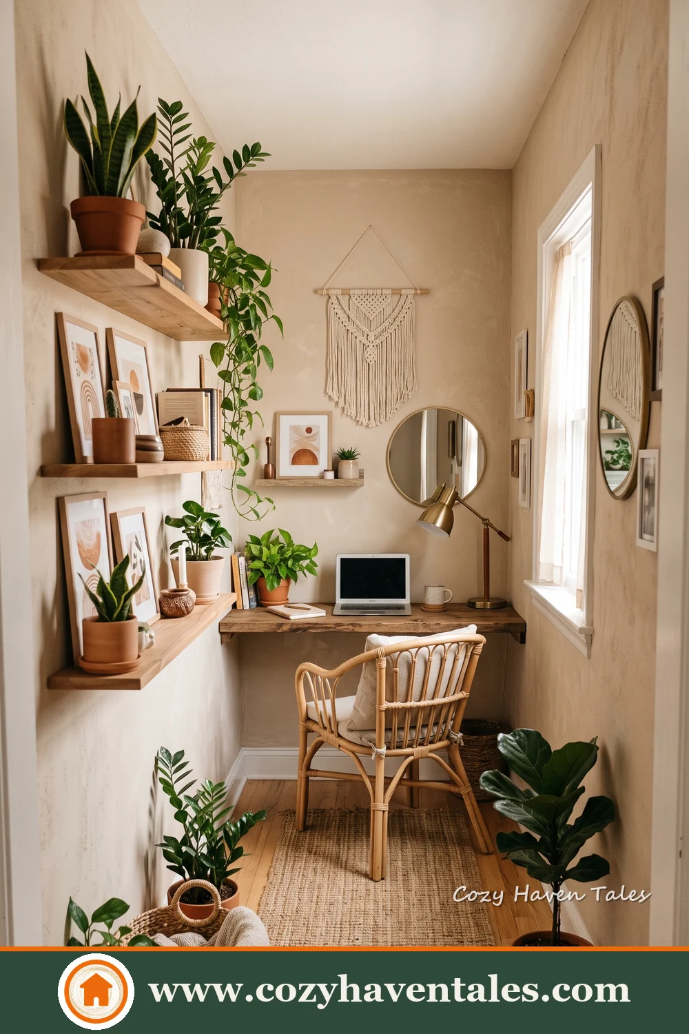 Small office nook with a corner desk, woven chair, wooden shelves, round mirror and potted greenery