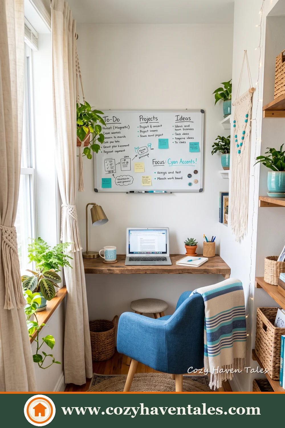 Compact study area with a laptop desk, blue armchair, wall planner, wooden shelves and small plants