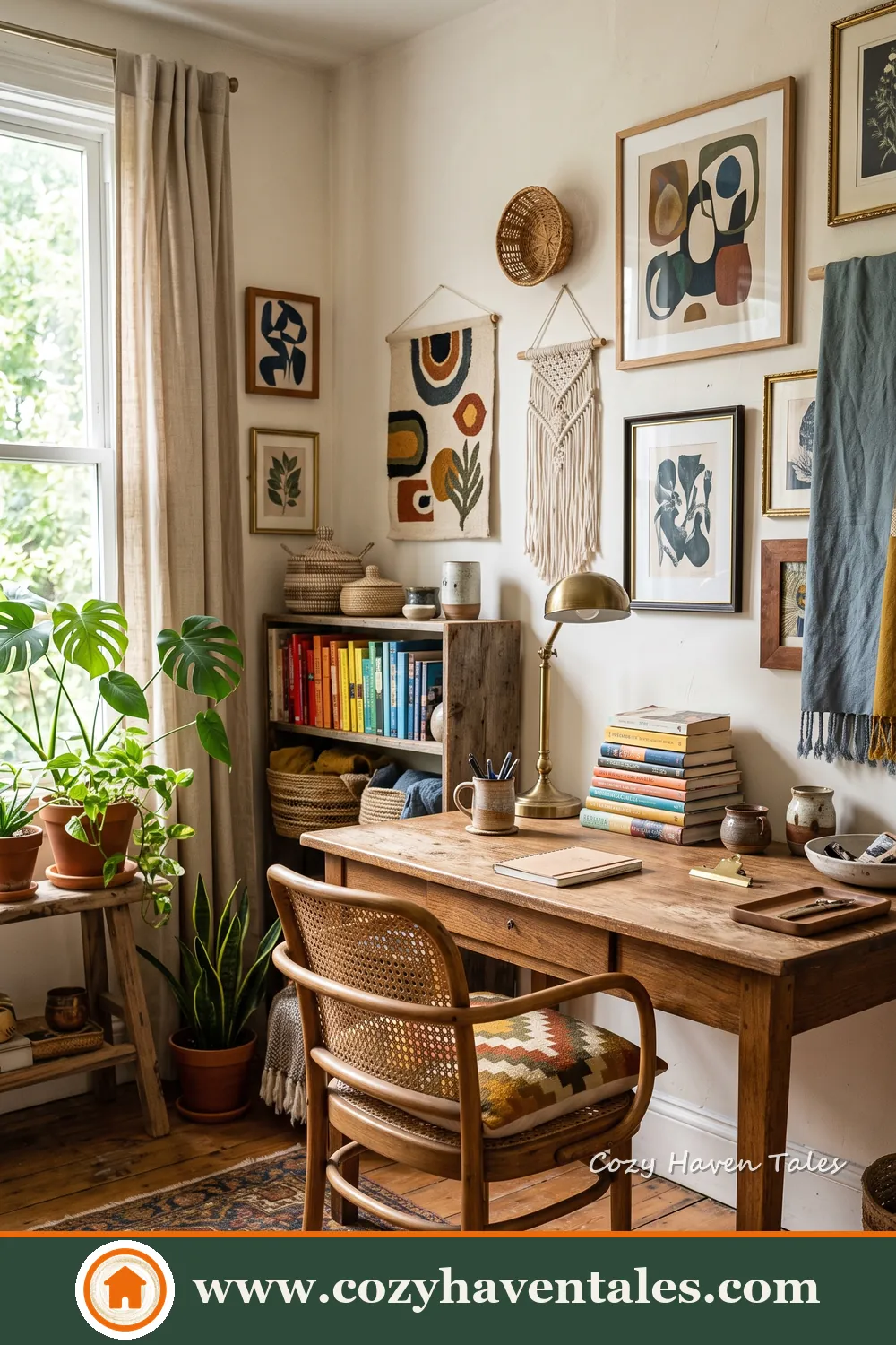 Elegant furniture and decor pairing in a bohemian home workspace