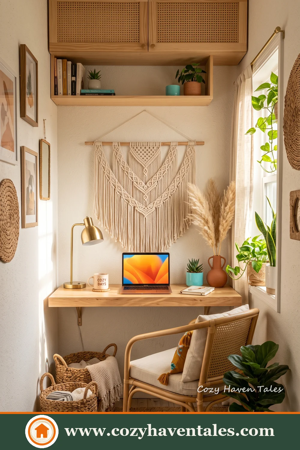 Layered texture and balanced tones in a fresh boho workspace
