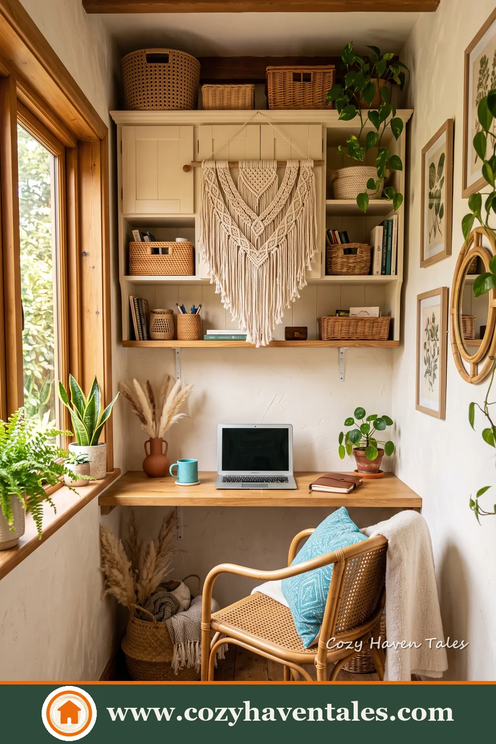 Airy bohemian home office arranged for comfortable seating and easy movement