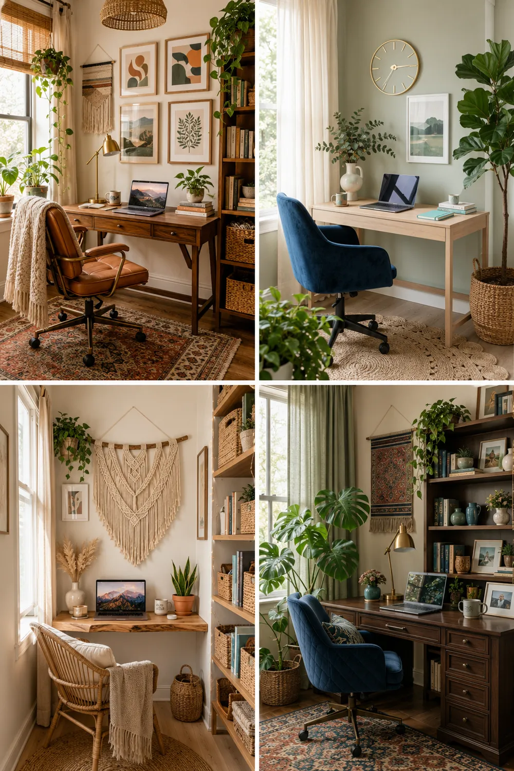Collage of boho style office decor ideas