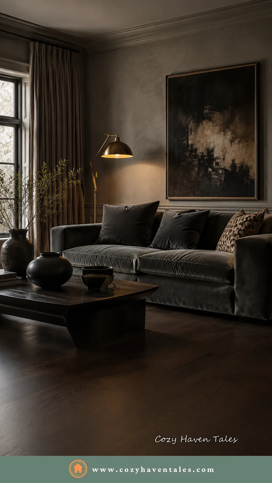 Moody living room with a charcoal velvet sofa and dark wood floors showing why a room feels dark before you brighten it with color