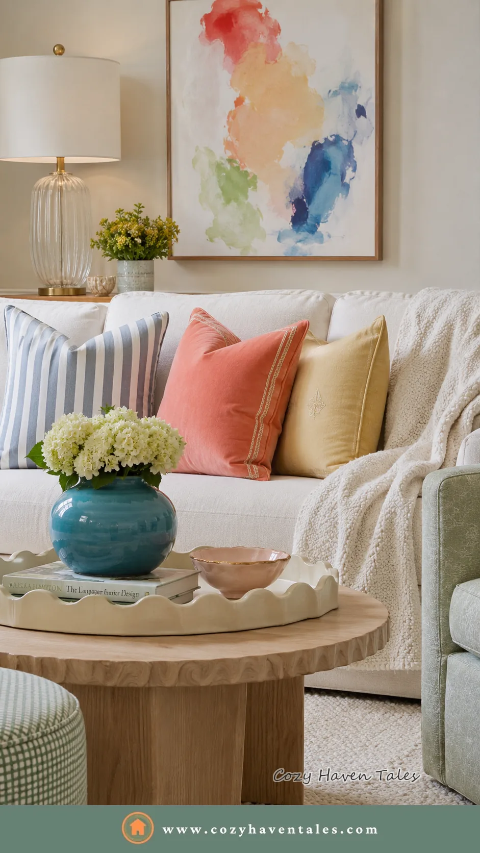 White sofa styled with coral, yellow and striped pillows and a teal vase, a bright way to add color to a room
