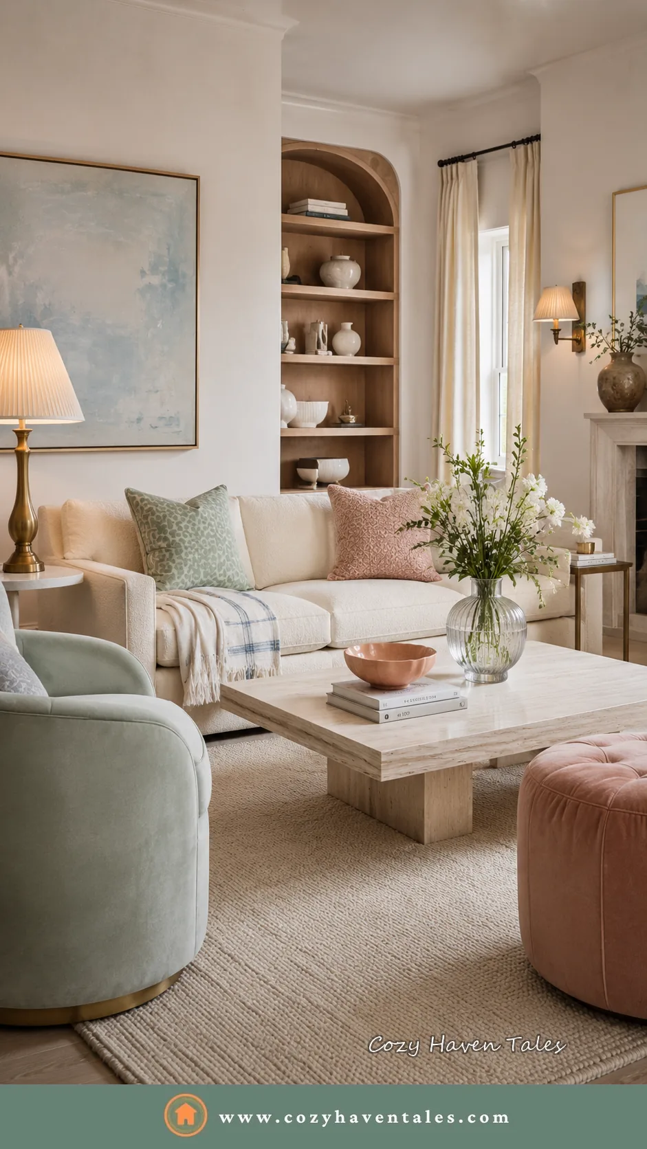 Living room with sage green chair, a terracotta pouf and light colored floor rug