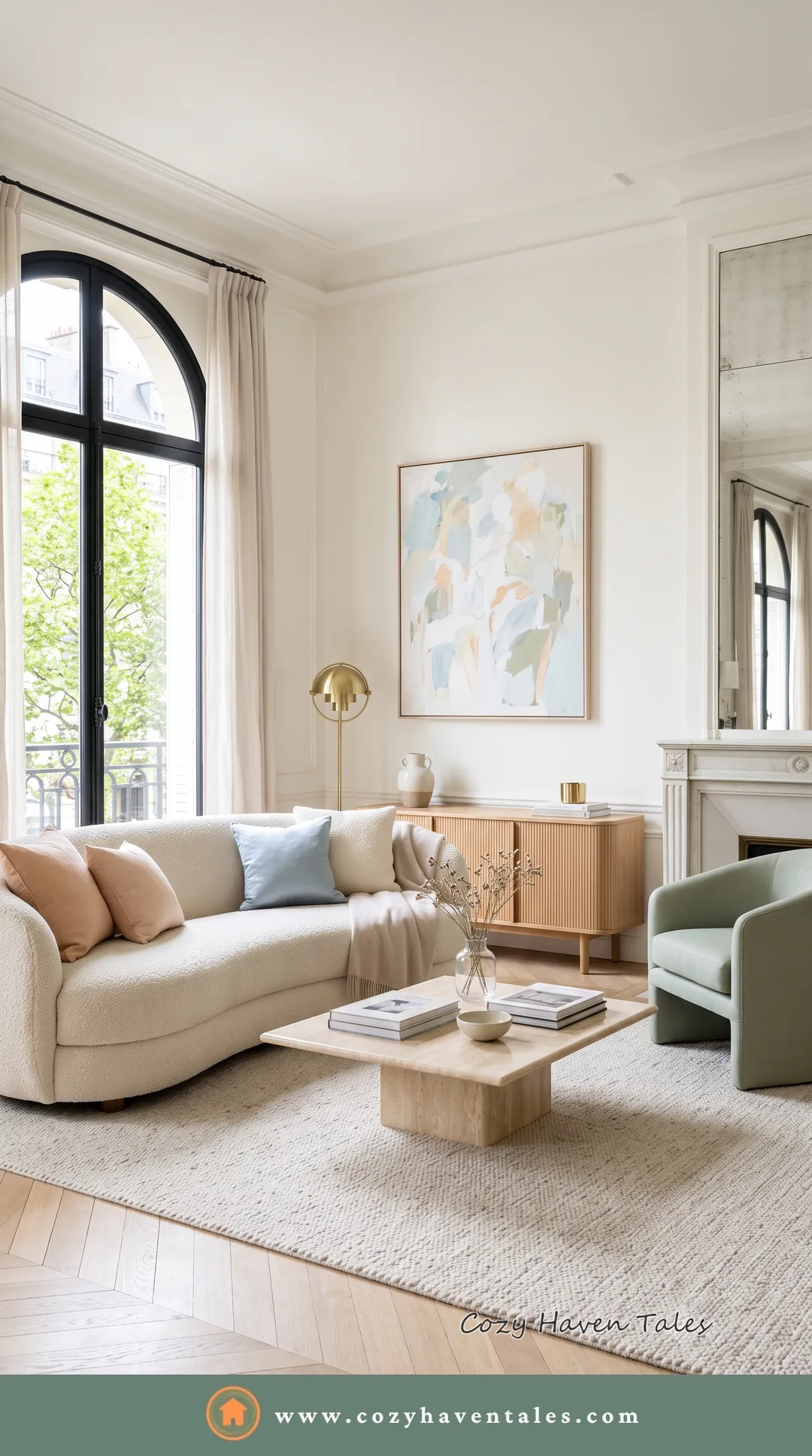 Bright living room with an arched window, a curved cream sofa and pastel art on herringbone floors