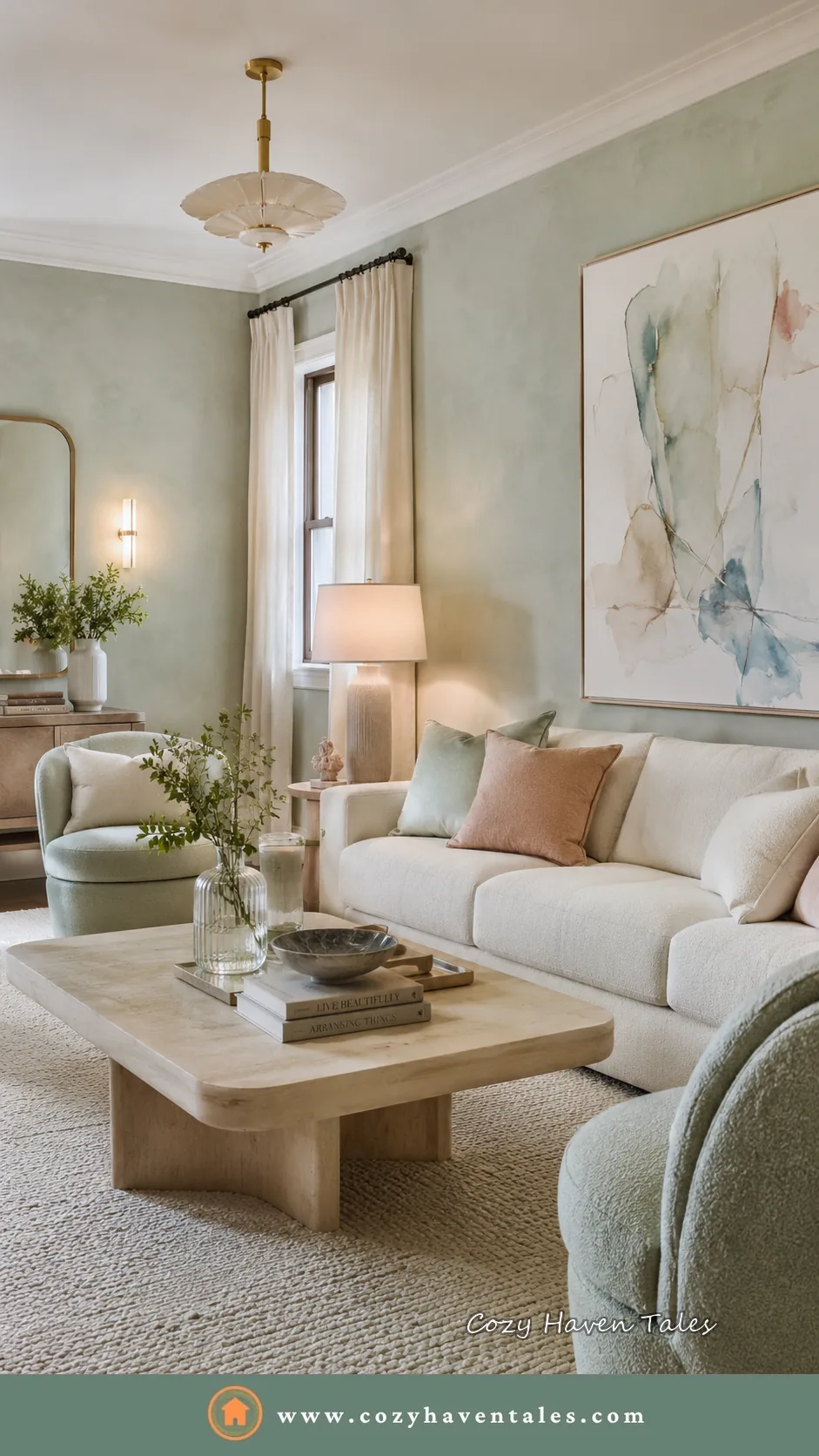 Luxury sitting room with very light mint sage green walls, cream sofa, pale sage chairs, light wood coffee table, textured ivory rug, and soft abstract artwork.