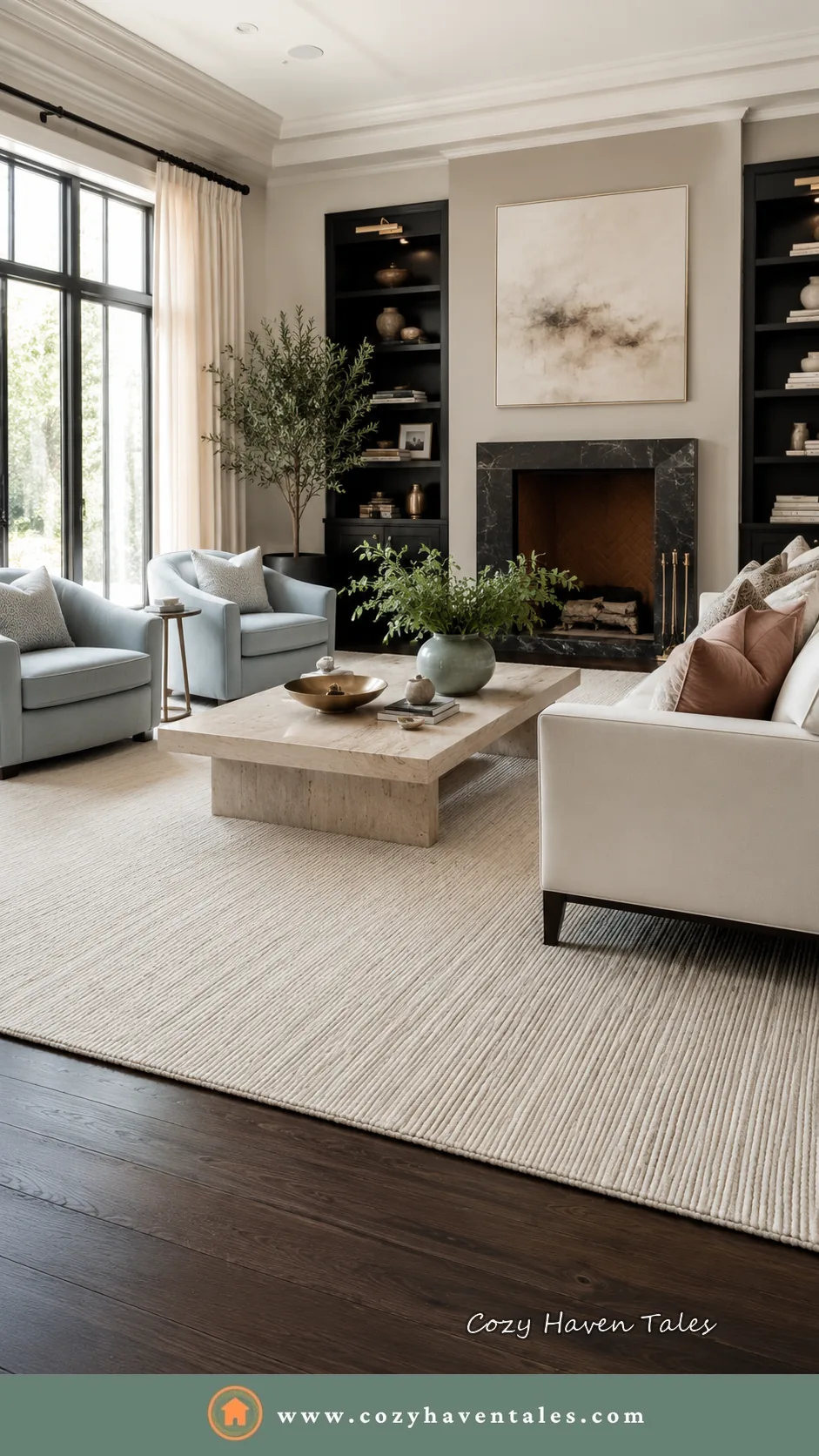 Light textured area rug layered over dark hardwood flooring to brighten a modern living room and prevent the space from feeling visually heavy.