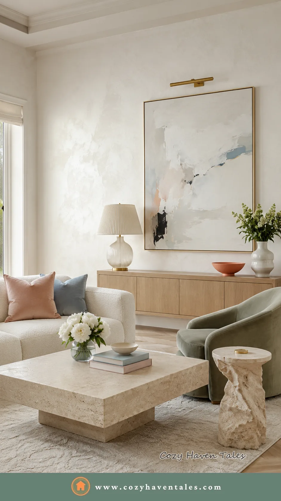 Modern living room with soft warm white walls that brighten the space, paired with neutral furniture, a travertine coffee table and natural wood accents.