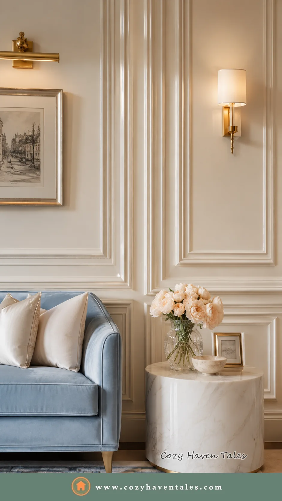 Cream paneled living room with a soft blue loveseat and a white round side table styled with fresh roses
