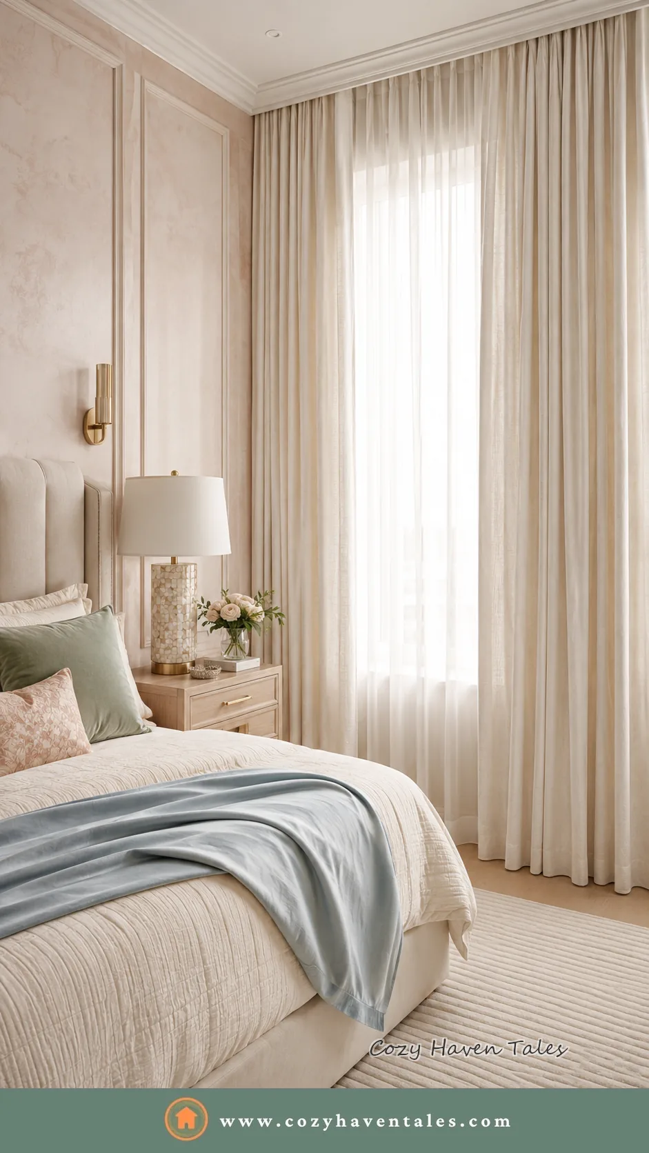 Light filled bedroom with sheer curtains, layered neutral bedding and a soft blue throw for a brighter feel
