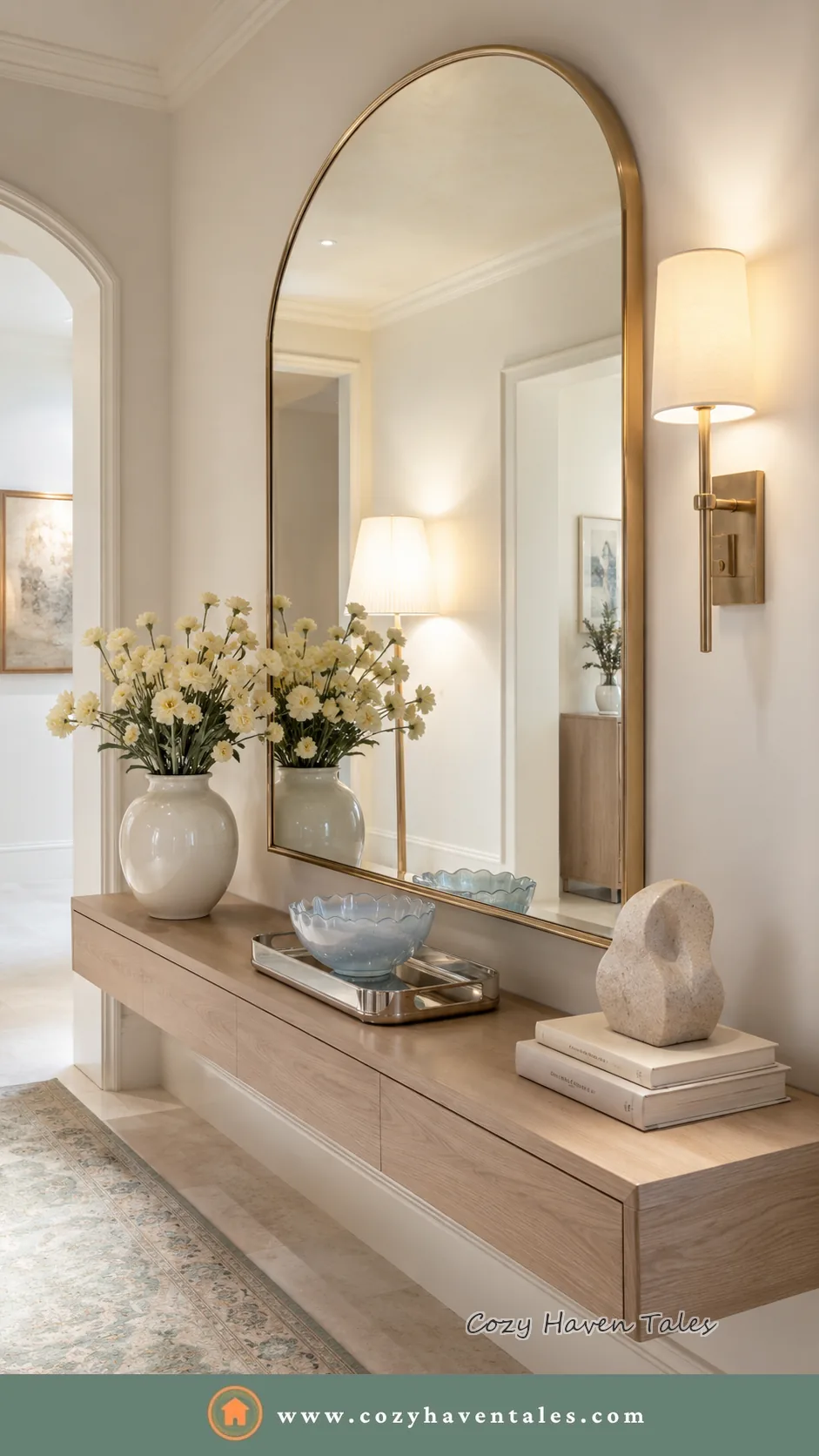 Entry console table with an arched mirror, white flowers and wall sconces that bounce light to brighten the room