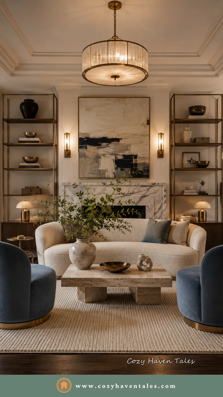 Living room with deep blue accent chairs, brass shelving and warm wood floors mixing rich and bright color