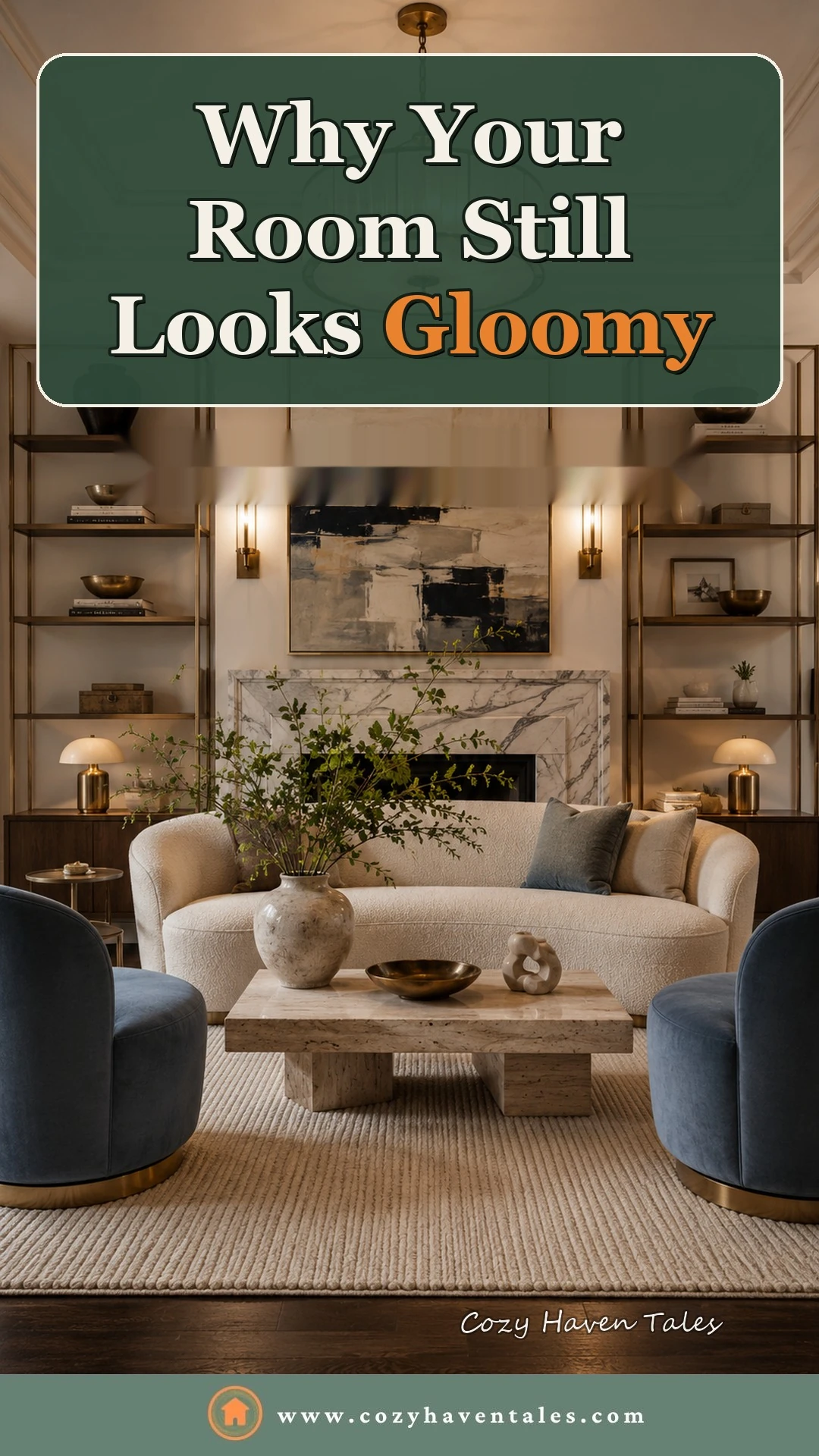 Neutral living room with a light sofa, blue chairs and cream rug, illustrating why a room can still look gloomy despite good furniture.