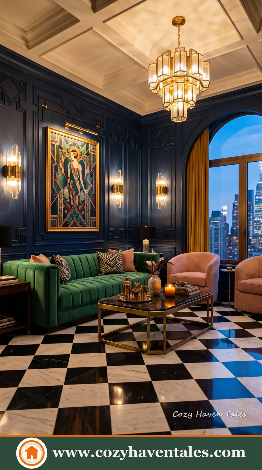 Serene checkered floor design ideas with a calm interior showing statement lighting and clean lines