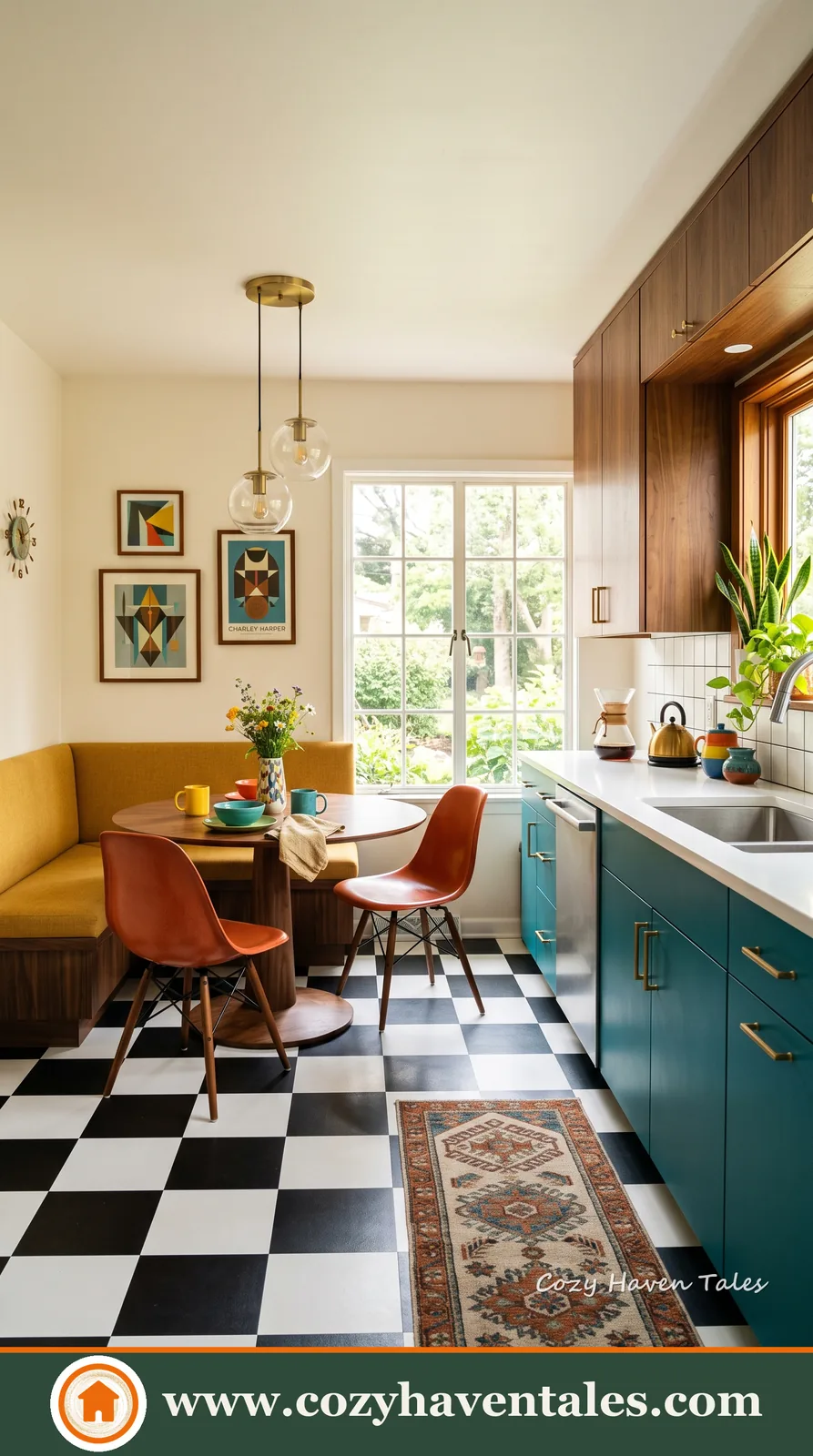 Refined checkered floor design ideas with a soft interior showing statement lighting and clean lines